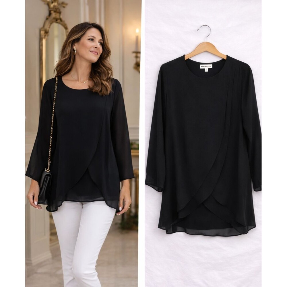 New Neiman Marcus Tiered Flyaway Chiffon Blouse XS Black Ruffle